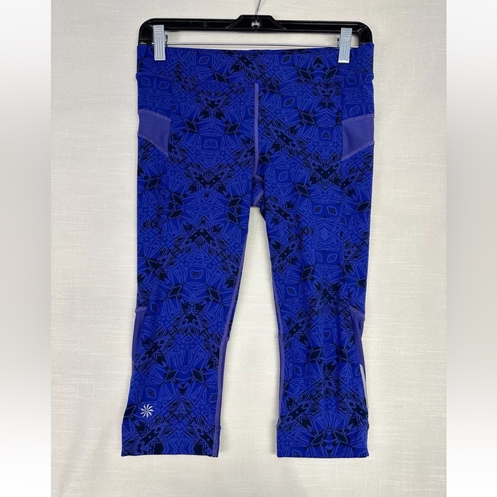Athleta Cropped Leggings Women's Size Small Blue Aztec Pattern Back Zip Pocket